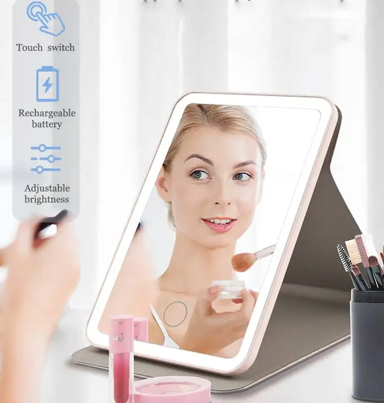 Vendita calda Touch Screen personalizzato specchio da trucco pieghevole luci a Led specchio per il trucco del viso specchio da trucco da tavolo