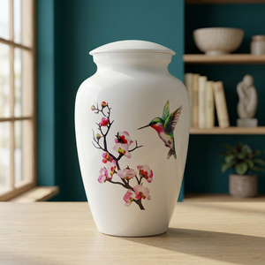 Urna de Cerámica Moderna con Diseño de Colibrí y Flor de Cerezo, Florero Decorativo Redondo para Ocasiones de Condolencia - Product Image 1