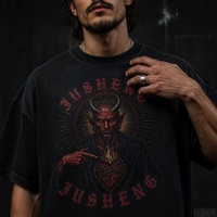 T-shirt pour homme délavé à l'acide, effet usé, 250 g/m², tricoté épais, coupe courte, ample, graphique personnalisé avec strass