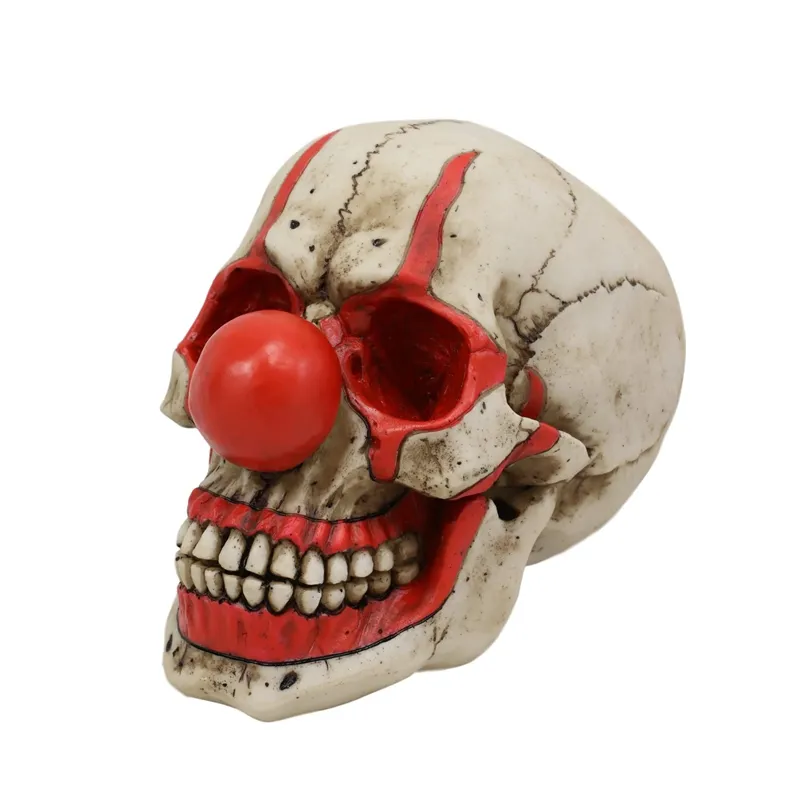 Creepy Jester Clown Harlequin Joker Skull with Red Nose Figurine