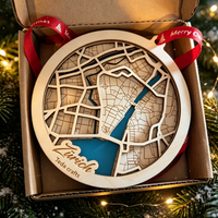 Ornamento Natalizio in Legno 2027, Mappa 3D di Città e Lago, Servizio di Taglio Laser Personalizzato per Articoli in Legno