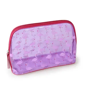 Pvc Custom Flamingo Print Transparent Travel Cosmetic Organizer Large Capacity Purple Clear Makeup Bag