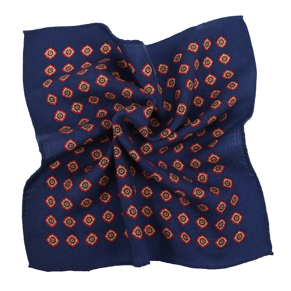 OEM-pañuelos cuadrados de lana con estampado de pantalla para hombre, pañuelos cuadrados de bolsillo con estampado Floral geométrico Azul Marino