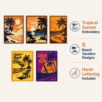 Patch en tissu polyester brodé style rétro 'Plage, Vague, Cocotier, Coucher de soleil', à coller à chaud par thermocollage pour chaussures et chapeaux