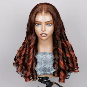 Rambut Virgin Vietnam Wig tanpa lem warna coklat gelombang air sorot grosir rambut manusia coklat merah 13x4 Wig depan renda