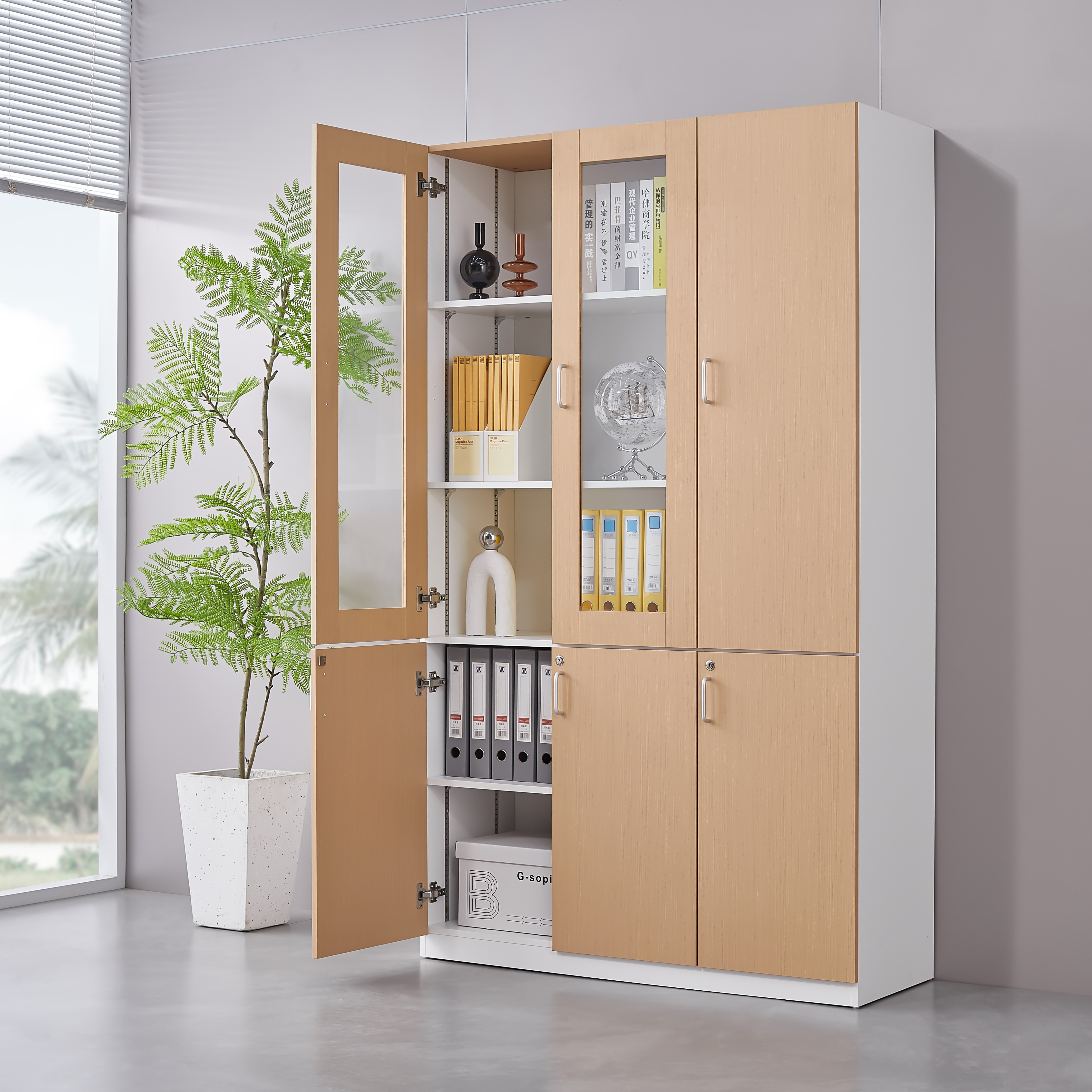 6 Door Solid Wood Filling Cabinet with Glass Door and Adjustable Layers for Office and School Storing Documents and Archives