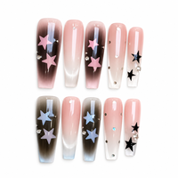 Faux ongles de luxe faits à la main, motif Interstellar Aura Blush, étoiles et cœurs, style Y2K, longs, forme cercueil, réutilisables