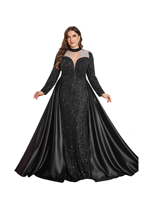 Robe de soirée élégante pour femme, col montant, manches longues droites, tissu en maille contrastée à paillettes, coupe ajustée, traîne de cour