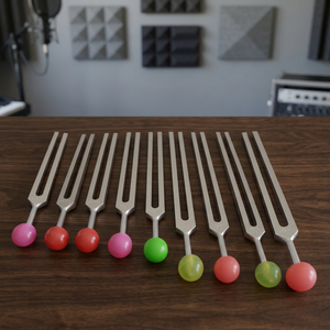 Juego de diapasones Solfeggio de 9 piezas con extremos de bola de goma de colores para sanación y terapia de sonido. - Product Image 3