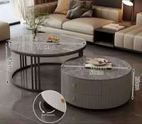 Table basse ronde moderne de luxe en pierre frittée aspect marbre avec tiroirs, rotation à 360°, meuble de salon durable