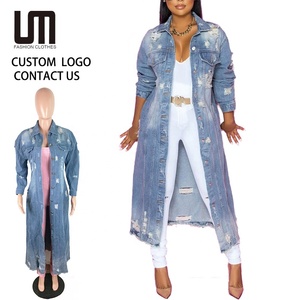 Logo personalizzato all'ingrosso moda <span class=keywords><strong>donna</strong></span> autunno inverno vestiti girocollo manica lunga strappata giacche in Denim Outerwear Jeans cappotti - Product Image 1
