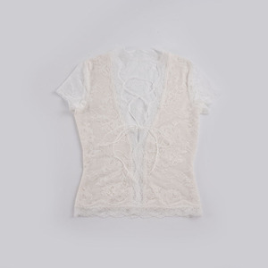 Haut court en dentelle blanche avec détail de laçage frontal, manches courtes, coupe ajustée, tenue de club sexy pour femme, printemps-été, col rond - Product Image 2
