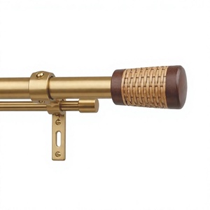 Rustic metal <b>Curtain</b> <b>Pole</b> with <b>Wood</b> Finials and Brass Wall <b>Brackets</b> 0.75-0.99 In Diameter - Product Image 1