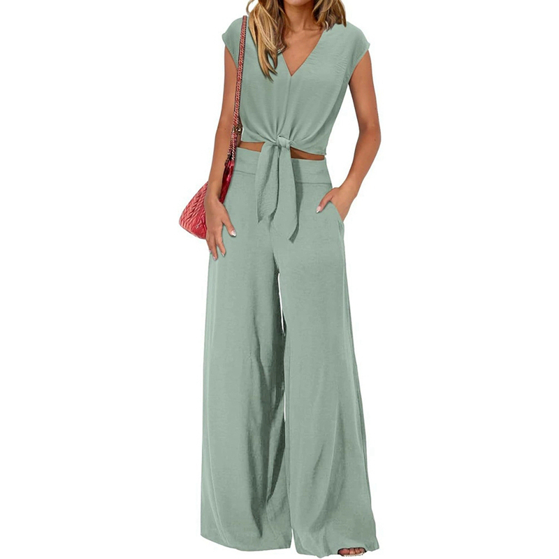 Channel Women's Summer Matching 2 Piece Outfits 2025 Casual Cap Sleeve V Neck Belted Cropped Tops Tie Waist Wide Leg Pant Sets · image 4