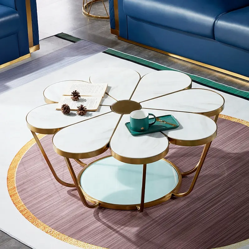 Стол с золотым основанием из нержавеющей стали для гостиной, современный дизайн, центральный мраморный журнальный столик с цветами