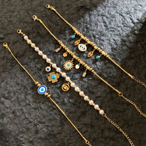 18K Gold Plated Natural Blue Turquoise Paved Fashion <b>Bracelet</b> Stainless Steel Chain <b>Bracelet</b> - Product Image 2