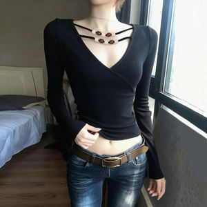 Women American Vintage <b>Black</b> V Neck Beaded <b>Long</b> <b>Sleeve</b> <b>Top</b> Cut Out Waist Slim Fit Sexy Basic T Shirt - Product Image 2