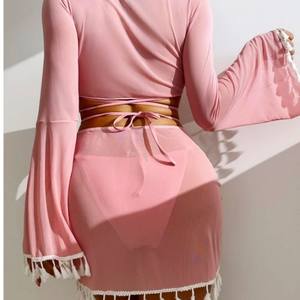 2025 nuevo Color puro borla cubrir falda de malla Bikini venta al por mayor 4 piezas conjuntos traje de baño femenino - Product Image 6