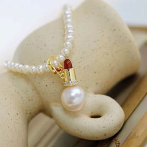 S925 Silver DIY Pearl Accessory Pendant 9-12mm Round Beads 31091 Empty Stand <b>Lipstick</b> Necklace Fashion Pendant Necklaces - Product Image 2