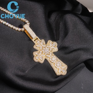 Iced Out Moissanite Cross Pendant Solid 925 <b>Silver</b> Gold Plated Hip Hop Jewelry - Product Image 4