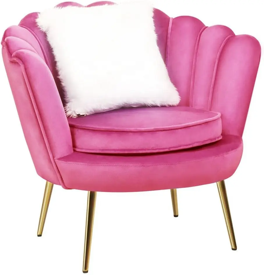 Kursi aksen beludru lapis kain elegan kursi tamu berumbai setengah abad kursi cangkang merah muda Modern dengan bantal dan kaki emas