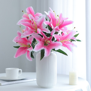 Bouquet de lys artificiels 9 têtes, fleurs en soie et plastique rose, faites à la main pour la décoration de la maison et des mariages - Product Image 1