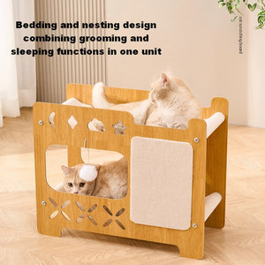 Lit pour chat en bois de luxe avec griffoir intégré 2 en 1, meuble pour chat d'intérieur, grand espace, mobilier pour chat pour chats corpulents - Product Image 5