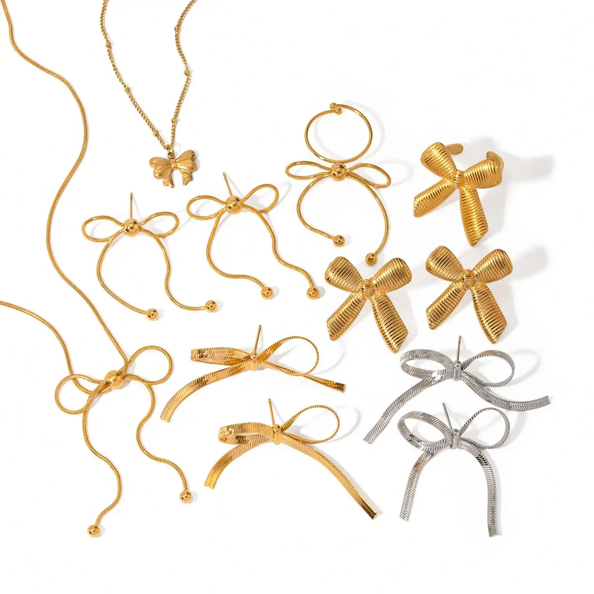 FANJIN Design orecchini con fiocco 18K oro in acciaio inox catena di serpente fiocco ciondolo collana con ciondolo anello con nappine Set