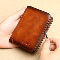 Dompet Kulit Asli Anti-RFID 2023 untuk Pria, Anti Maling, Lipat Dua, Kantong Koin dengan Ritsleting, Warna Cokelat