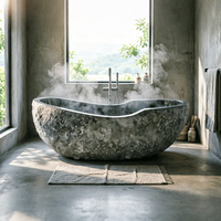 Baignoire d'angle autoportante de luxe en marbre noir foncé irrégulier, en pierre naturelle, pour hôtel et maison, style béton, vente en gros