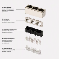 Connecteur Ethernet RJ45 blindé, 3 ports, prise modulaire, montage sur circuit imprimé, prise réseau