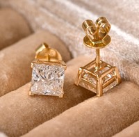 Серьги-пусеты с выращенными в лаборатории бриллиантами 2CTW, 14K цельное золото, с винтовой застежкой, сертифицированные IGI, с бриллиантом огранки «Принцесса» в оправе с четырьмя крапанами