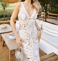 GX50390 Mode Été Vêtements Femme Boutique Robe Longue Sexy Sans Manches Col V Crochet Tricotée Creuse Plage Maxi