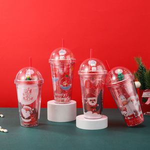 Kawaii 450ml Christmas Santa Reindeer Cartoon <b>Plastic</b> Straw Tumbler with Silver Glitter Dome Lid Double Wall Clear Icy Crushed - Product Image 1