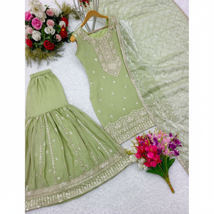 ชุดปาร์ตี้นักออกแบบสวมด้านบน-sarara และ dupatta ที่สวยงามสำหรับชุดพรหม - Product Image 1