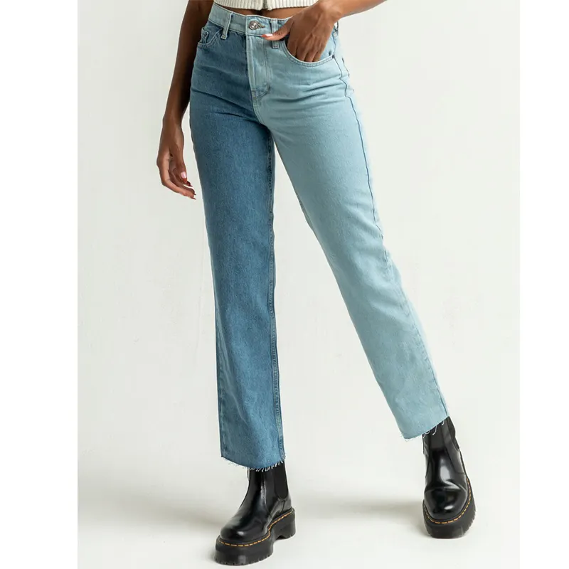 Custom ladies 2 tone blue urban outfitters jeans women contrast color patchwork baggy cute denim pants