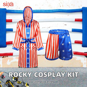 Traje elegante de Halloween para hombres y mujeres adultos, conjunto de disfraces de boxeo, poliéster, satén, bandera americana, Rocky Boxer, uniforme, bata con capucha - Product Image 3