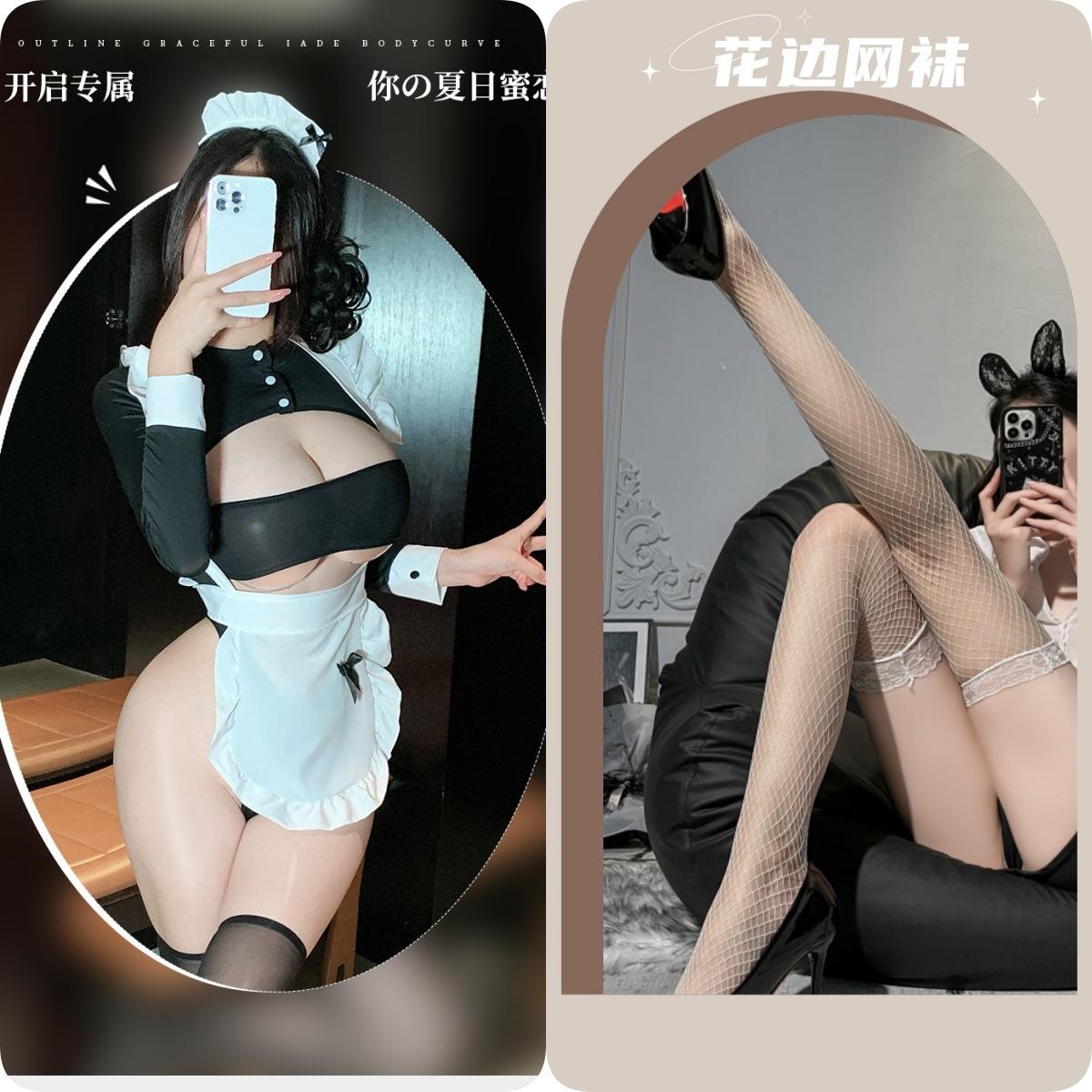 Black and white maid suit + white fishnet stockings