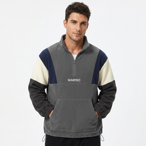 Sudadera de Forro Polar para Hombre, Estilo Retro con Paneles en Contraste, Cierre de Cremallera de Cuarto, Corte Holgado, Cálida, Informal, para Invierno, con Bolsillo Canguro - Product Image 1