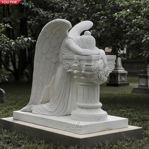 YOUFINE Estatua Conmemorativa de Ángel Llorón de Mármol Blanco Tallada a Mano, Lápida de Cementerio Arrodillada para Decoración de Tumbas Funerarias - Product Image 4