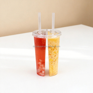 Vasos de Plástico PP Transparentes Personalizados de <span class=keywords><strong>500ml</strong></span> y 700ml con 2 Compartimentos, Vasos Dobles para Té de Burbujas Frío, Vasos para Compartir Café Boba con Tapa - Product Image 1