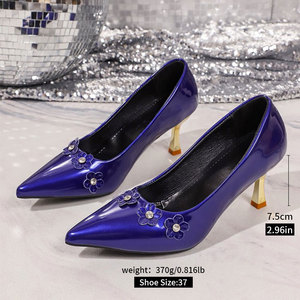 New Design Woman Sexy Pointed Toe Thin Heels 7.5CM PU Patent Leather Craftsmanship Four <strong>Plum</strong> Blossom Inlaid <strong>Shoe</strong> Upper MuY898 - Product Image 6