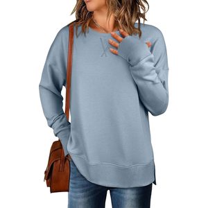 Sweat-shirt surdimensionné à col rond pour femme FOXA, manches longues, léger, avec fentes latérales, pull décontracté en mélange de coton respirant - Product Image 1