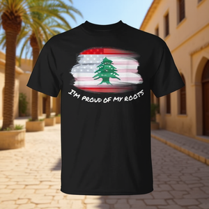 T-shirt « J'ai fière de mes racines » avec drapeau libanais américain - Product Image 3