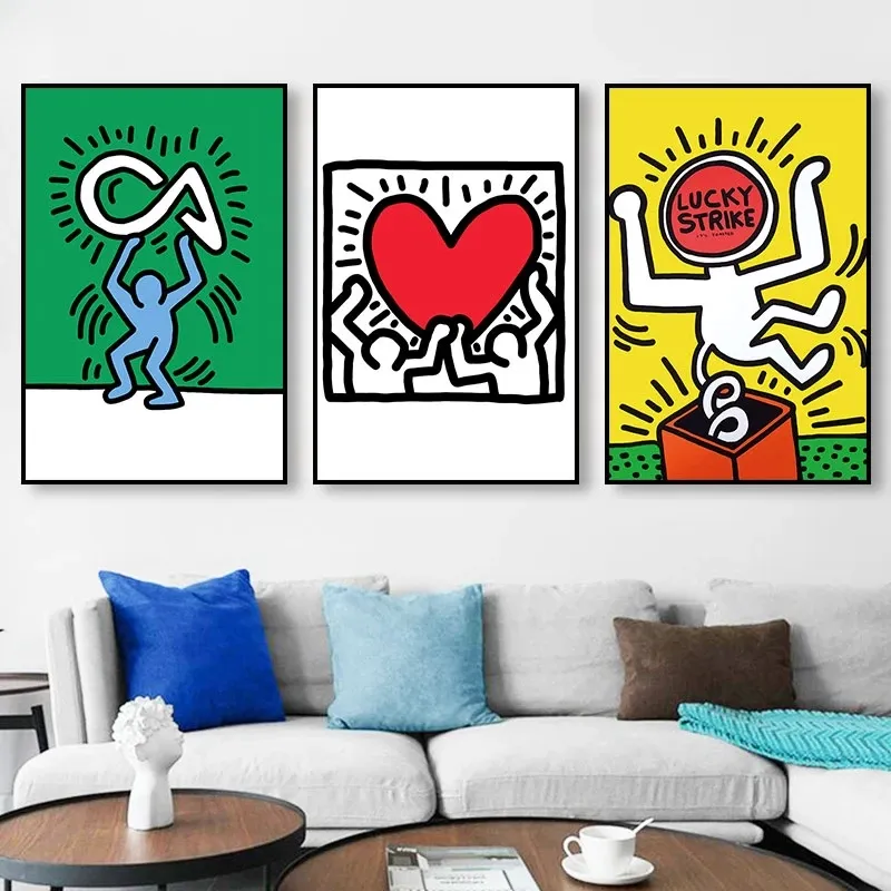 Keith Art Exhibition Abstract Poster Haring Pop Art Prints Lucky Sticker Heart Picture Canvas Painting Gallery Wall Decorative