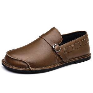 Men's Brown Leather Loafers Slip-On Casual <b>Driving</b> <b>Shoes</b> Flat Heel Solid Color Sewing Thread Detail - Product Image 5