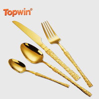 Vente flash Ensemble de couverts en acier inoxydable martelé doré Couteau Fourchette Cuillère Argenté Vaisselle dorée pour mariage