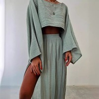 Ensemble deux pièces décontracté pour femme : haut court en tissu mélangé et pantalon taille haute fendu