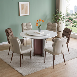 Modern Round Stone <b>Dining</b> <b>Table</b> Set with Rotatable <b>Top</b> 6 Seats Minimalist Design Durable Waterproof Hotel Use - Product Image 5