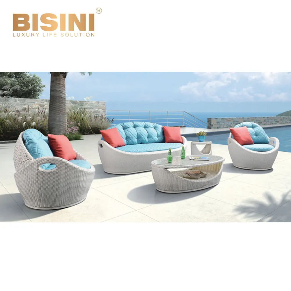 Оригинальный дизайнерский диван в Эгейском стиле, белый PE ротанговый и алюминиевый 1 + 1 + 2 дивана, овальный журнальный столик, синие подушки